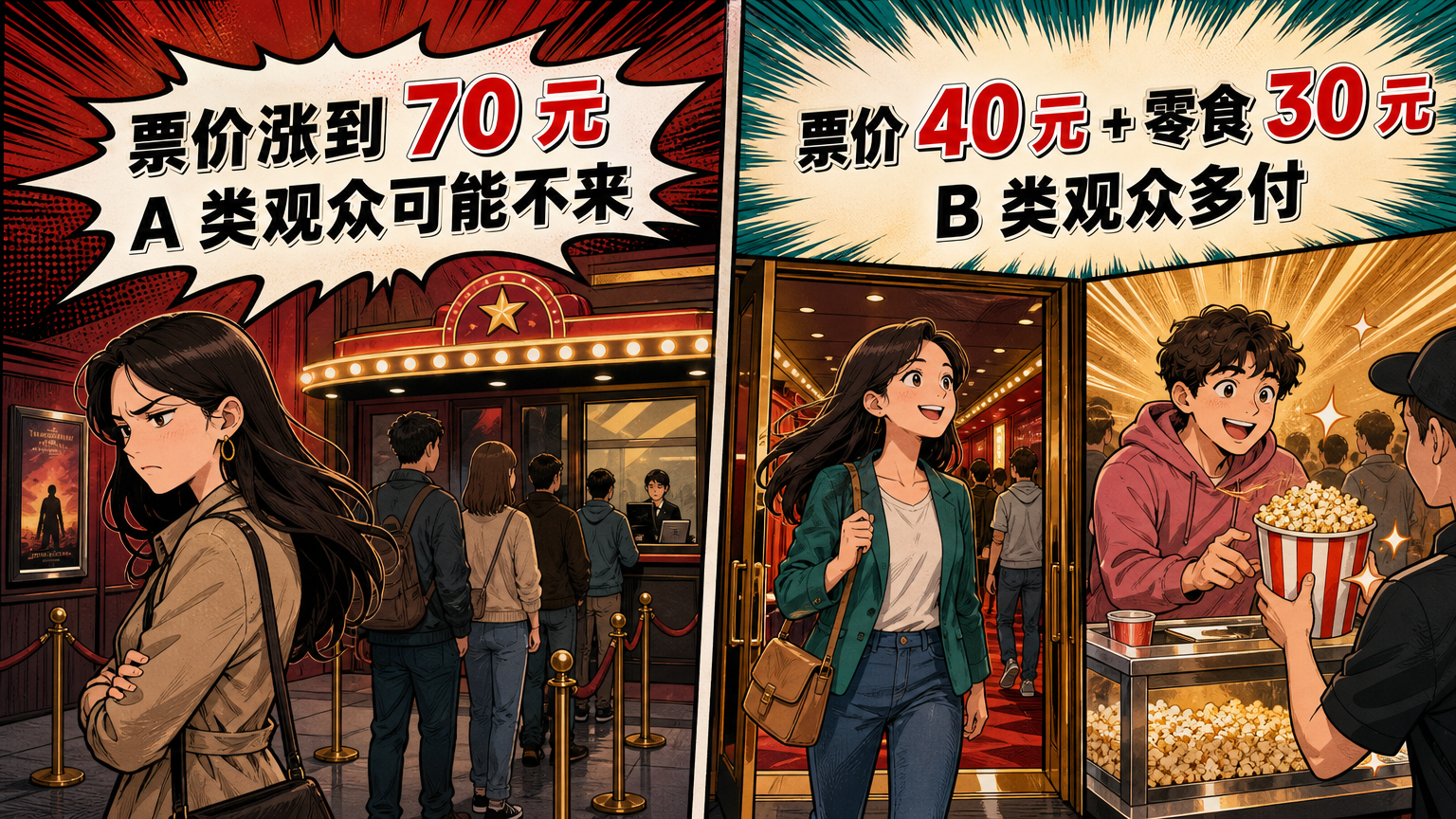 涨票价会影响所有人；涨爆米花只影响愿意买零食的人。