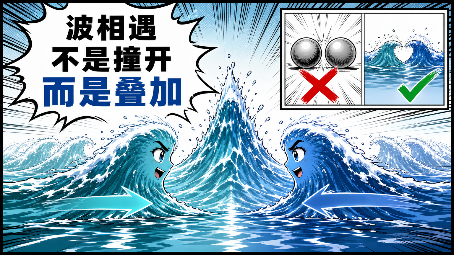 两列波相遇时不会互相撞开，而是在同一区域叠加。
