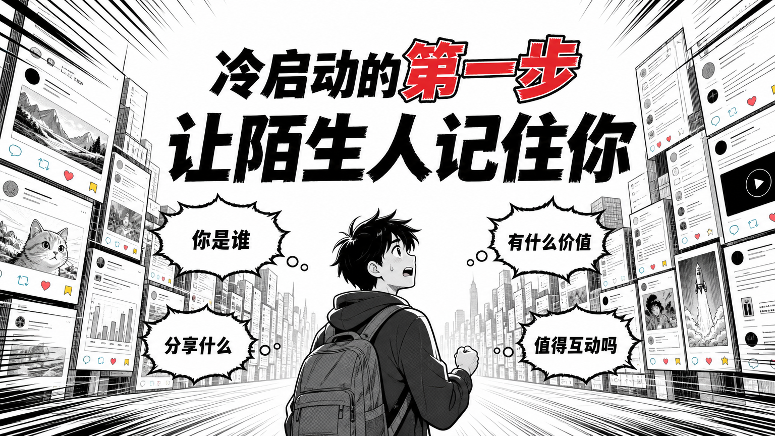 新账号的难点不是没人看，而是陌生人还不知道你是谁、分享什么、为什么值得互动。