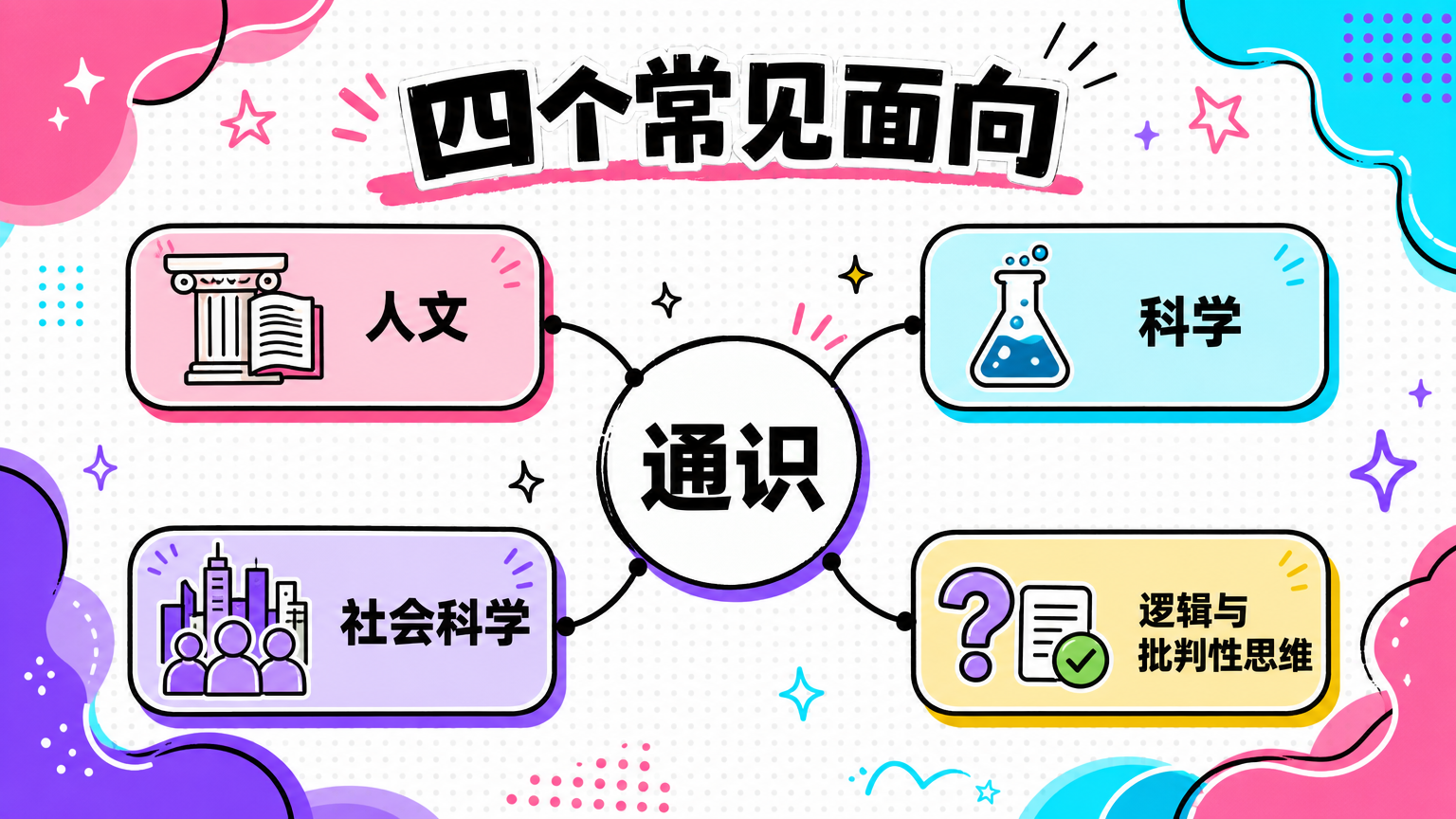 通识不是固定清单，通常覆盖人文、科学、社会科学、逻辑与批判性思维。