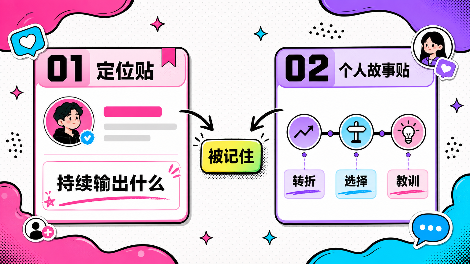 定位贴和个人故事贴，解决新账号最早期的识别和信任问题。