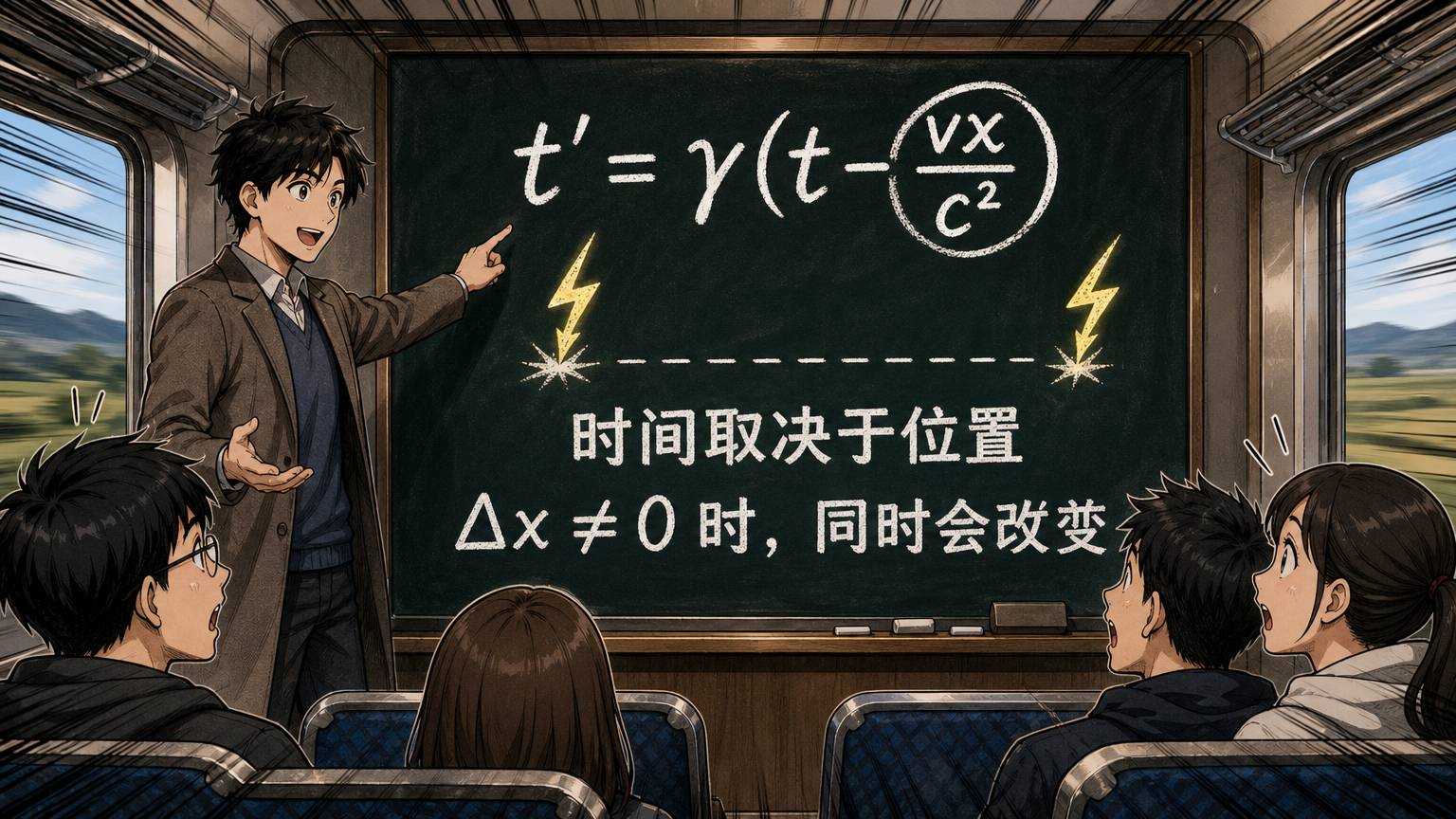 洛伦兹变换显示，运动参考系中的时间 t′ 不只取决于 t，还取决于事件位置 x。