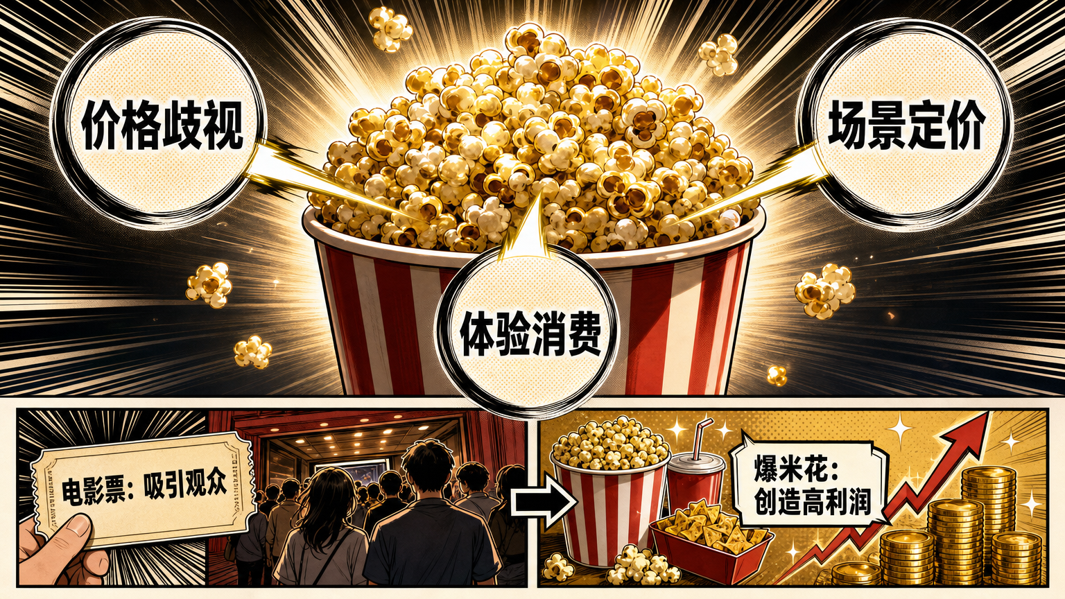 电影票负责吸引观众，爆米花和饮料负责创造高利润；高价来自价格歧视、场景定价和体验消费共同作用。