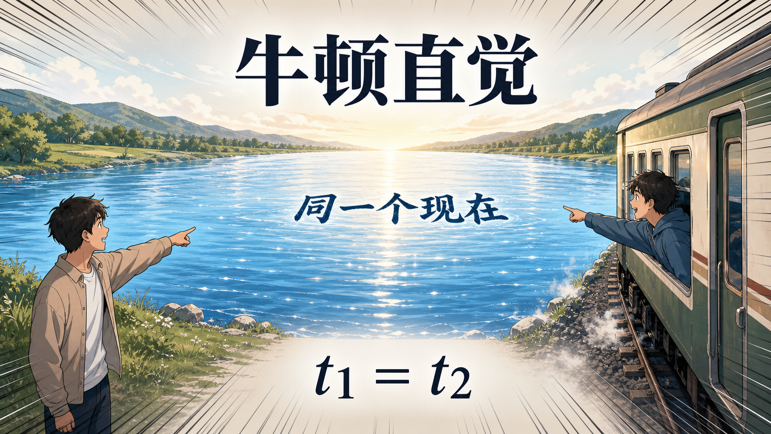 在牛顿力学中，如果两个事件满足 t1 等于 t2，所有观察者都会同意它们同时。