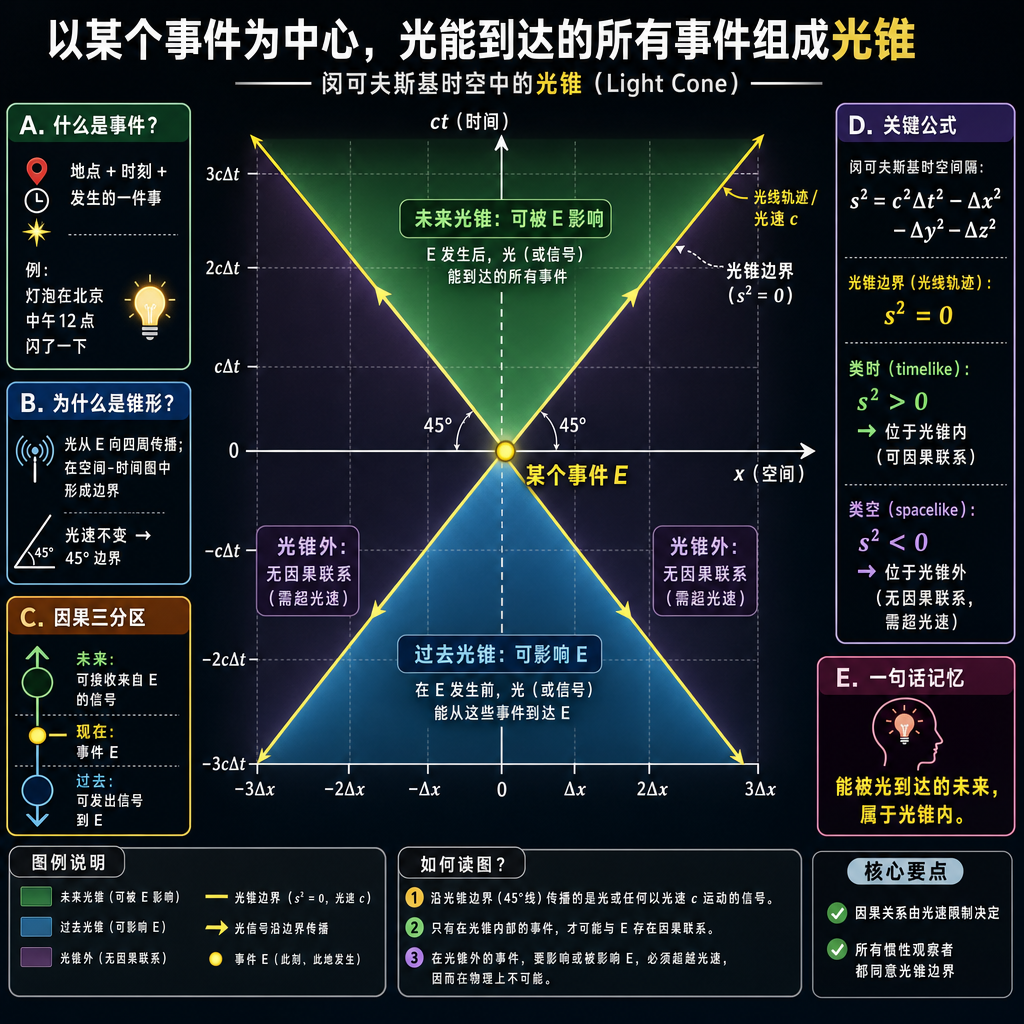 Generated infographic about 以某个事件为中心，光能到达的所有事件组成光锥。