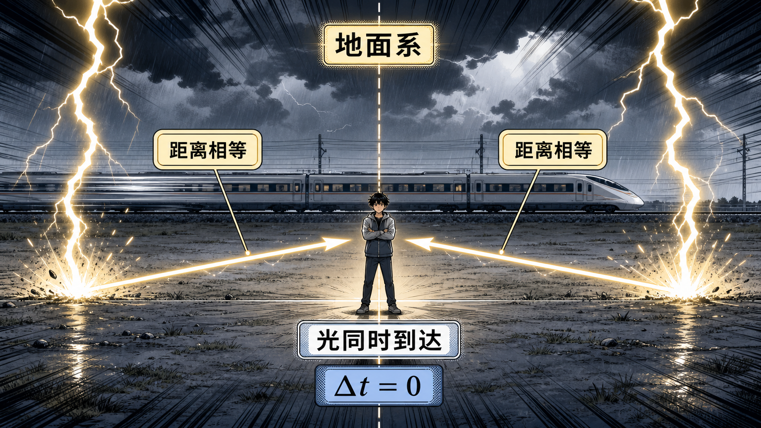 地面观察者站在两个击中点正中间，看到两束光同时到达，因此判断两道闪电同时发生。