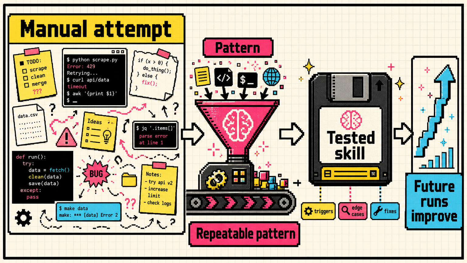 The author defines skillification as extracting a repeatable pattern into a tested skill file with triggers and edge cases.