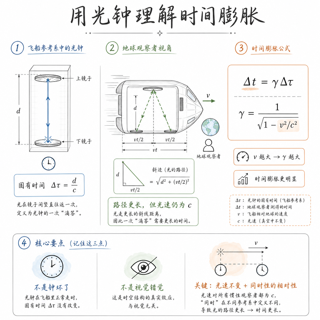 Generated infographic about 用“光钟”理解时间膨胀