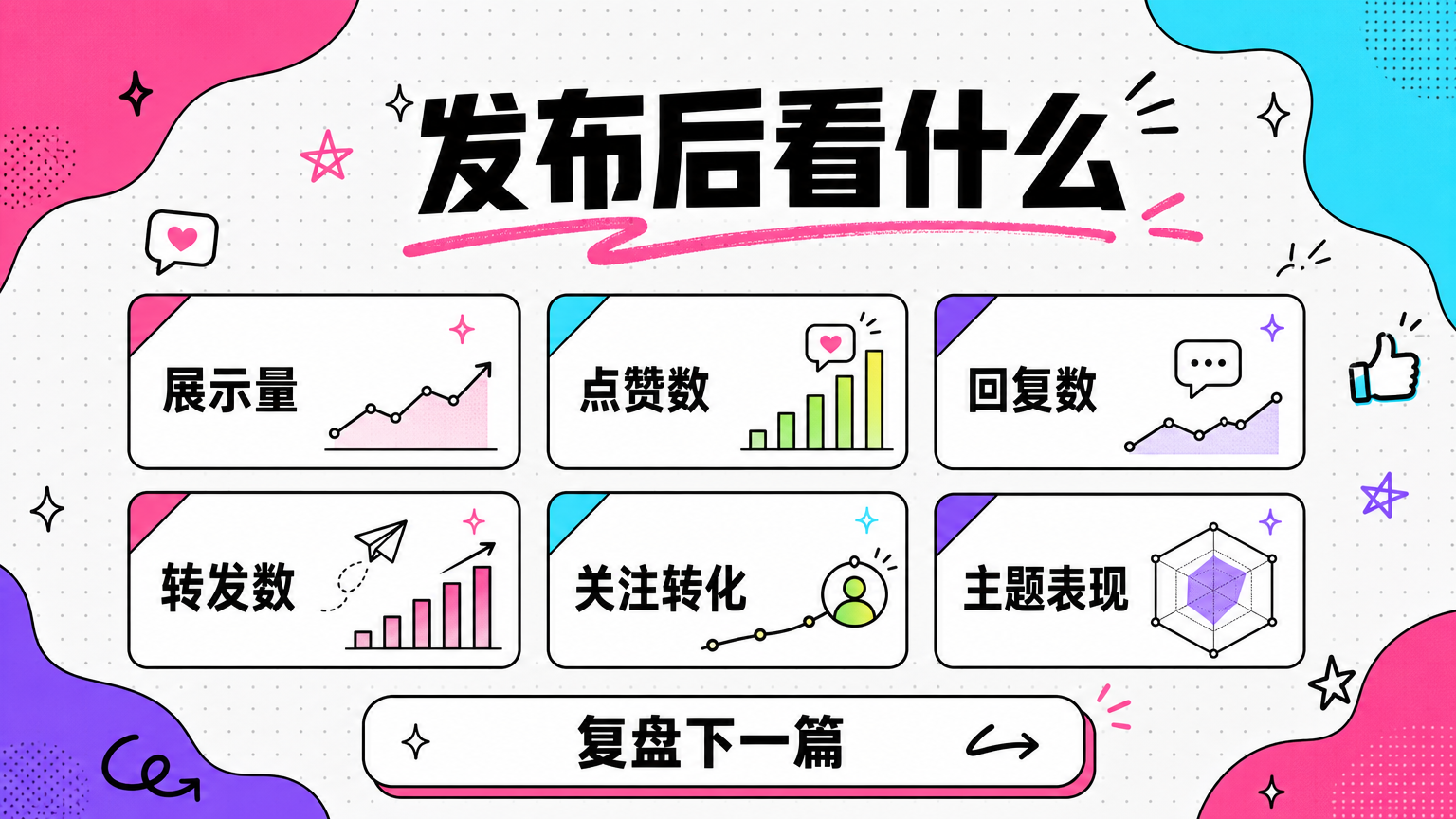 冷启动阶段要持续记录展示量、点赞数、回复数、转发数、关注转化和主题表现。