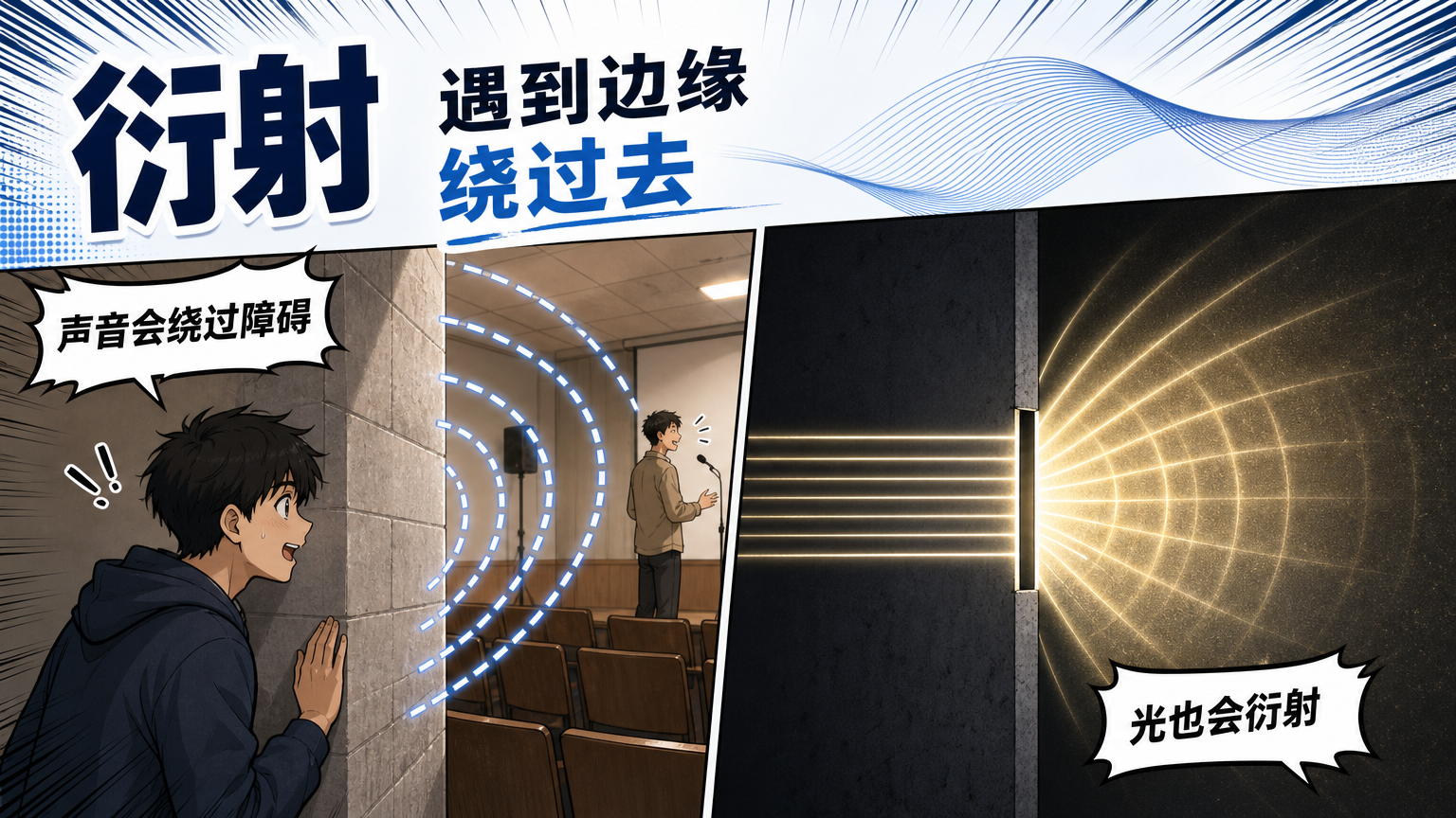 波遇到障碍物边缘或狭缝时，会弯曲并向周围扩散。