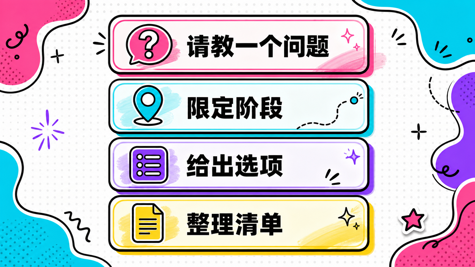 先请教问题，再限定场景，最后给出选项和后续承诺。