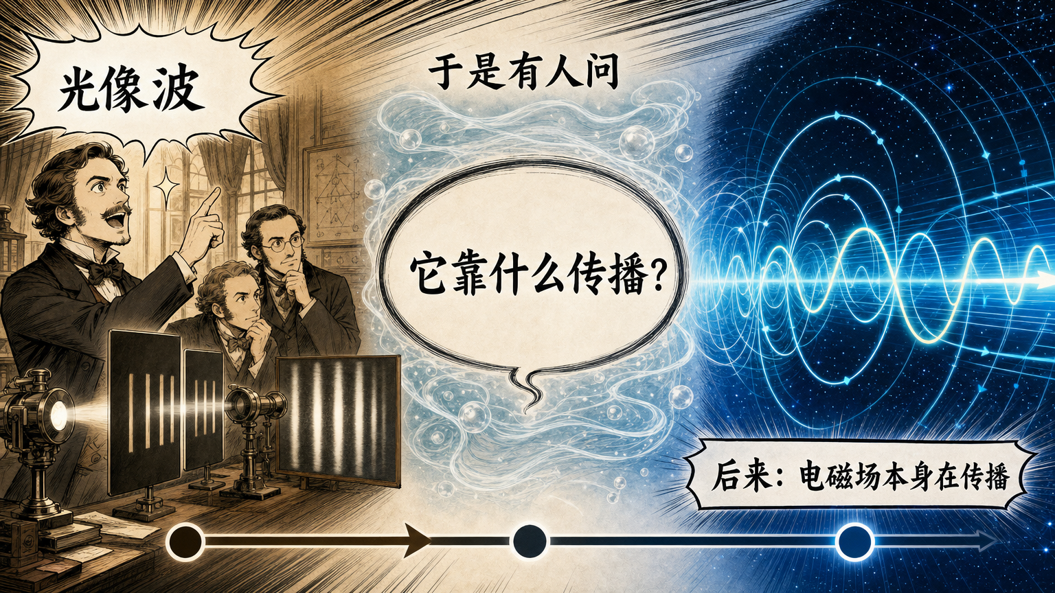 干涉和衍射让人相信光是波，也引出了“光在什么介质中传播”的历史问题。
